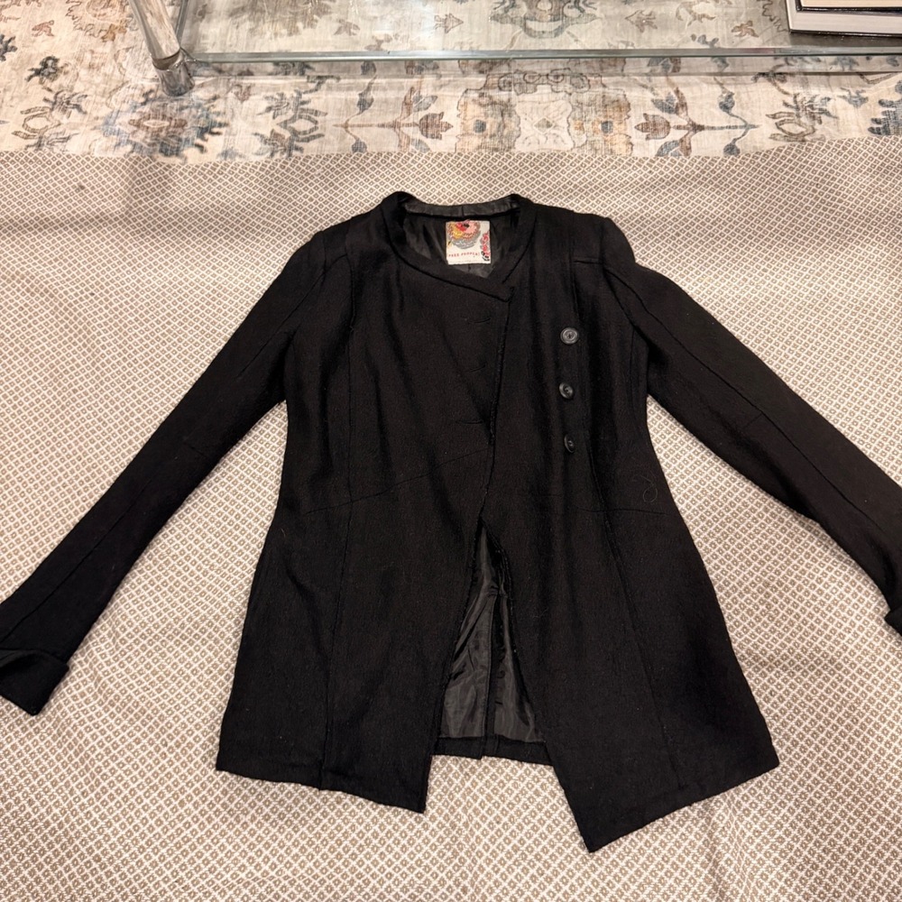 Free People Black Wool Blend Double Breasted Collarless Jacket Blazer Size 4
